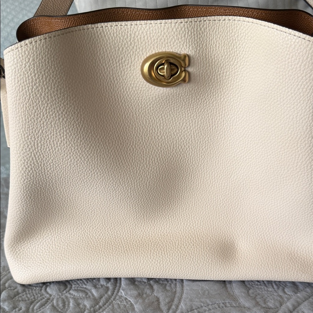 Coach Pebbled Leather Shoulder Bag in Chalk with Brown Trim and Brass Hardware